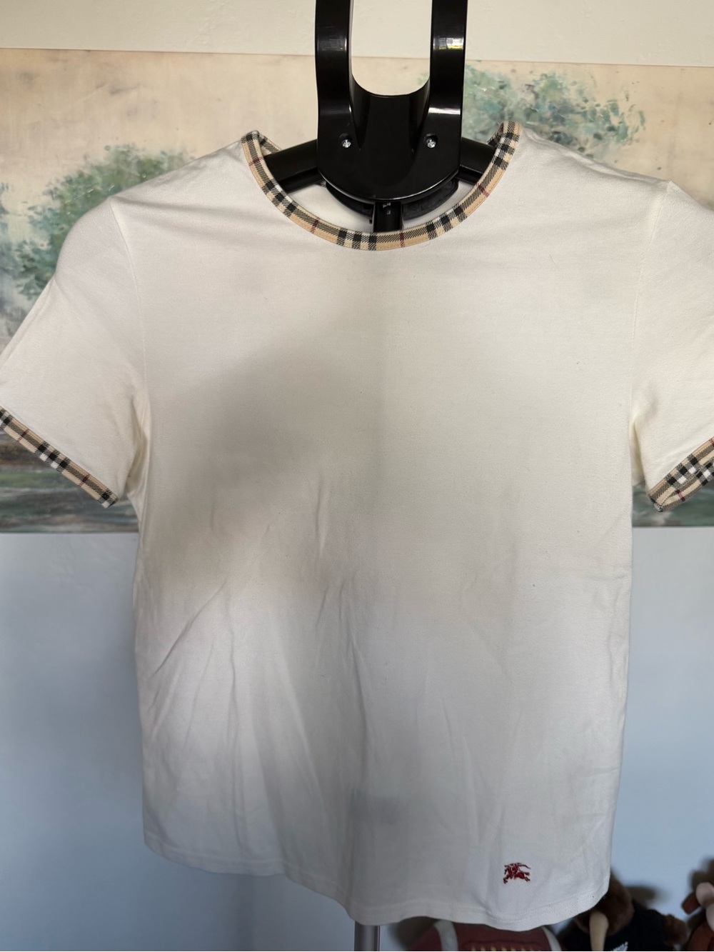 Classic Cream Women’s Short-Sleeve Tee with Plaid Trim